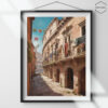 A narrow cobblestone street in Rome leads to the Colosseum. Old buildings with balconies and hanging laundry line the street. The sky is blue and sunny.