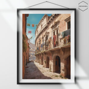 A narrow cobblestone street in Rome leads to the Colosseum. Old buildings with balconies and hanging laundry line the street. The sky is blue and sunny.