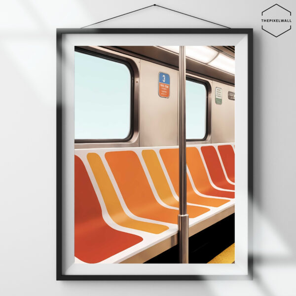 An empty subway car with vibrant orange and red striped seats. Sunlight streams in through the window, casting a warm glow on the interior.