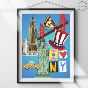 Bright collage of iconic NYC symbols: Statue of Liberty, Empire State Building, yellow taxi, pizza, Golden Gate Bridge, Uncle Sam hat, 