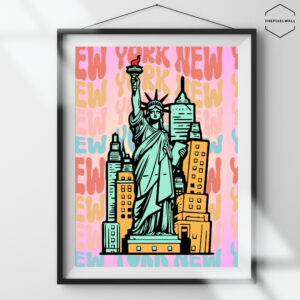 Statue of Liberty with NYC skyline in bold, colorful illustration. Repeating 