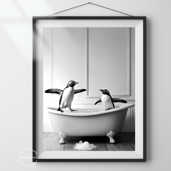 Penguin gift for women, Bath tub wall art