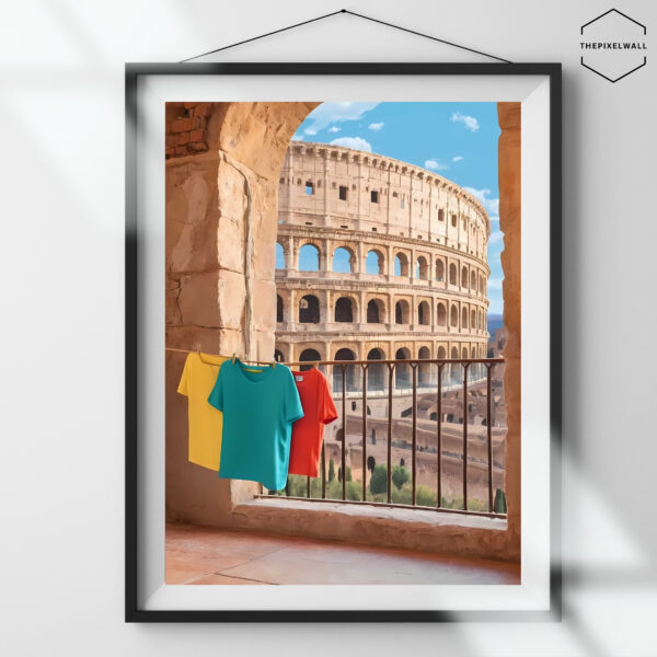 A clothesline with colorful shirts hangs on a balcony overlooking the Colosseum in Rome. The ancient amphitheater stands tall against a blue sky.