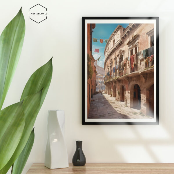 A narrow cobblestone street in Rome leads to the Colosseum. Old buildings with balconies and hanging laundry line the street. The sky is blue and sunny.