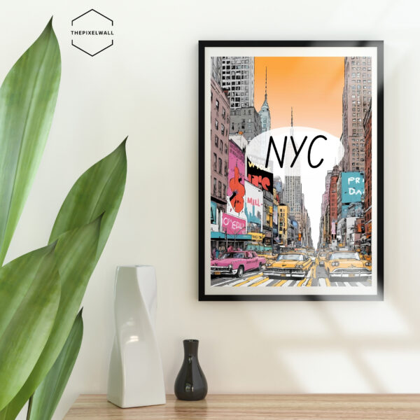 Vibrant NYC street scene with iconic skyscrapers, yellow taxis, and colorful billboards.