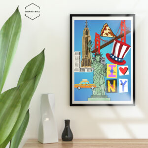 Bright collage of iconic NYC symbols: Statue of Liberty, Empire State Building, yellow taxi, pizza, Golden Gate Bridge, Uncle Sam hat, 