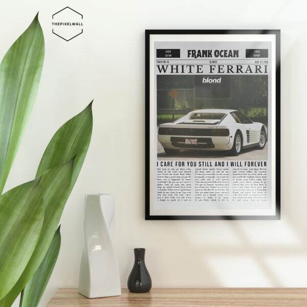 A white Ferrari Testarossa centered on a newspaper-like background with text overlays. The text includes song lyrics and details like Frank Ocean Blonde and White Ferrari.