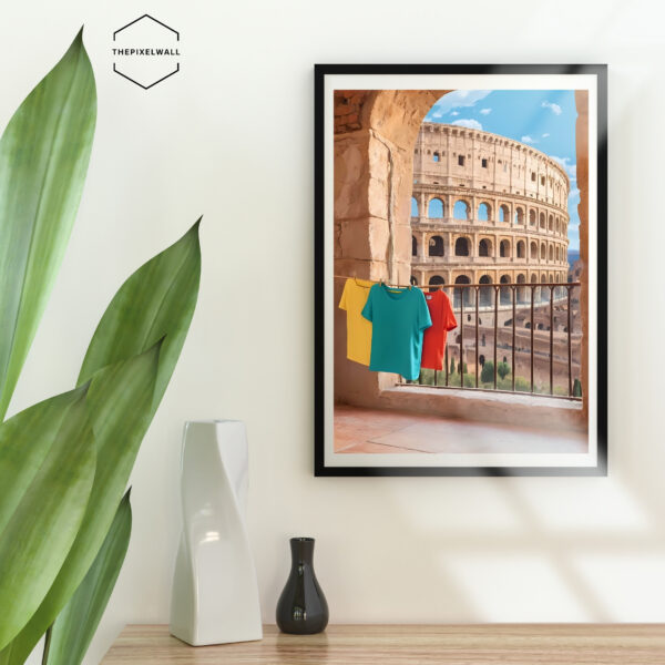 A clothesline with colorful shirts hangs on a balcony overlooking the Colosseum in Rome. The ancient amphitheater stands tall against a blue sky.