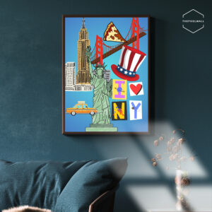 Bright collage of iconic NYC symbols: Statue of Liberty, Empire State Building, yellow taxi, pizza, Golden Gate Bridge, Uncle Sam hat, 