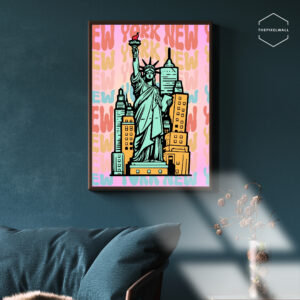 Statue of Liberty with NYC skyline in bold, colorful illustration. Repeating "New York New" text surrounds the image.