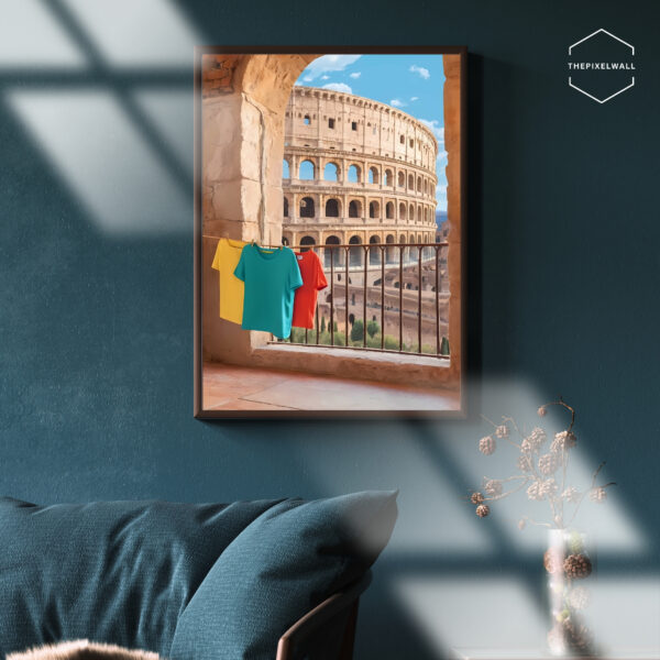 A clothesline with colorful shirts hangs on a balcony overlooking the Colosseum in Rome. The ancient amphitheater stands tall against a blue sky.