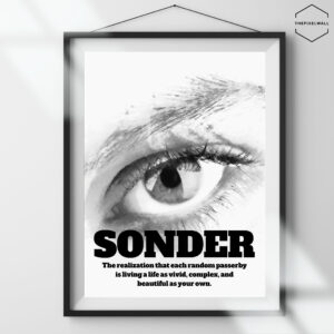 Black and white close-up of a human eye with detailed iris and eyelashes. The word "SONDER" is written in bold letters below the eye, with a definition of the word underneath.