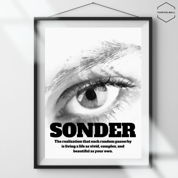 Black and white close-up of a human eye with detailed iris and eyelashes. The word "SONDER" is written in bold letters below the eye, with a definition of the word underneath.