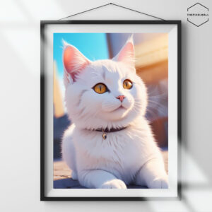 A cute white cat with a collar, lying on the floor.