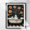 Spooky fun! A white cat, black cat, and friendly ghost share a bubble bath in a vintage clawfoot tub. Floral backdrop adds eerie charm.