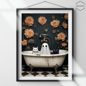 Spooky fun! A white cat, black cat, and friendly ghost share a bubble bath in a vintage clawfoot tub. Floral backdrop adds eerie charm.