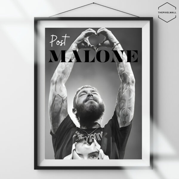 Post Malone in the poster is doing heart with hands, the art is on black and white vintage color.