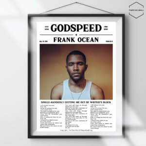 Frank Ocean centered on a newspaper-like background with text overlays. The text includes song lyrics and details like FrankOcean GodSpeed.