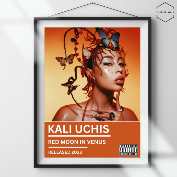 Album cover with text: "KALI UCHIS, RED MOON IN VENUS, PARENTAL ADVISORY, EXPLICIT CONTENT, RELEASED 2023"