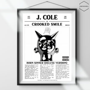 J. Cole album cover for "Crooked Smile," featuring a close-up of his face with a crooked smile and the album title and track information.