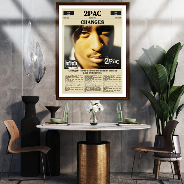 2Pac in a vintage news paper for the album greatest hits, Tupac face on the song changes.