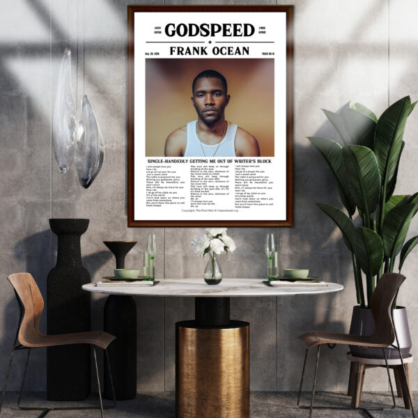 Frank Ocean centered on a newspaper-like background with text overlays. The text includes song lyrics and details like FrankOcean GodSpeed.