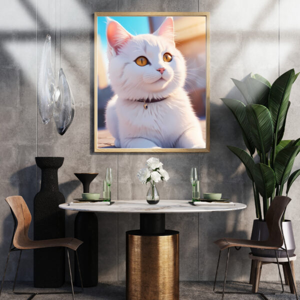 A cute white cat with a collar, lying on the floor.