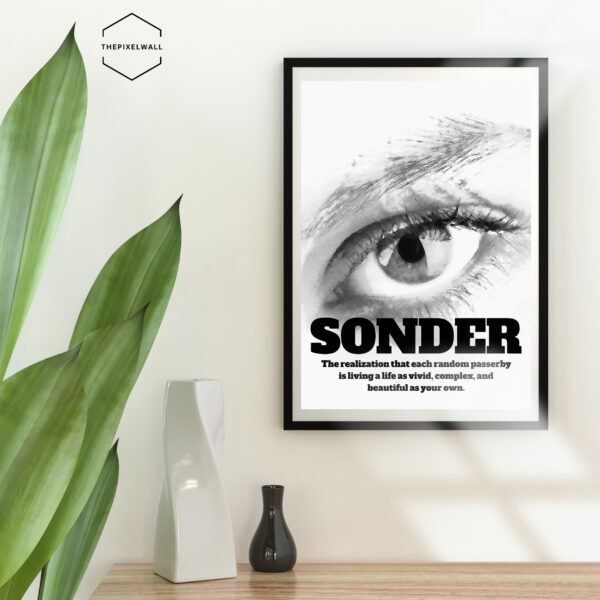 Black and white close-up of a human eye with detailed iris and eyelashes. The word "SONDER" is written in bold letters below the eye, with a definition of the word underneath.