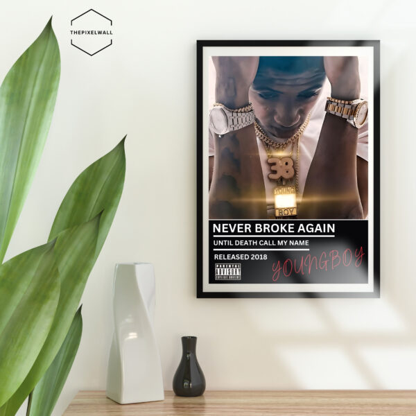 The art is about the rapper Nba Youngboy album poster for the song NEVER BROKE AGAIN.