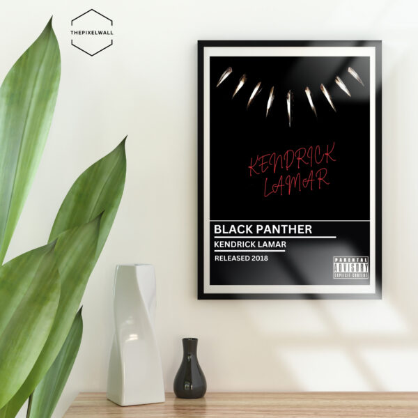 Black Panther soundtrack by Kendrick Lamar. Red text on black background, featuring a necklace design. Parental advisory. Released 2018.