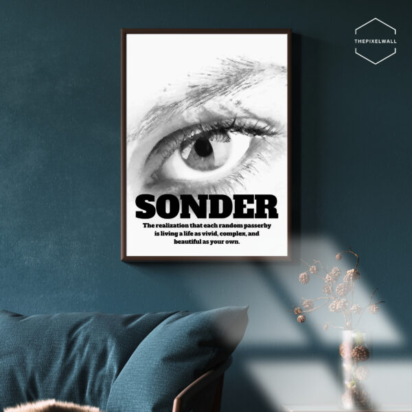 Black and white close-up of a human eye with detailed iris and eyelashes. The word "SONDER" is written in bold letters below the eye, with a definition of the word underneath.