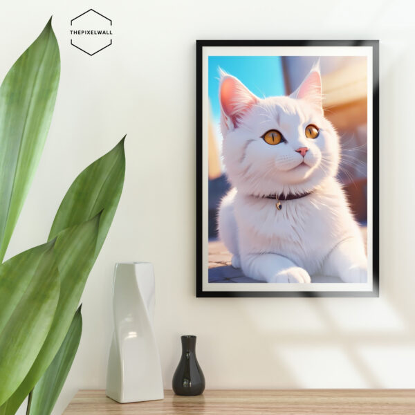 A cute white cat with a collar, lying on the floor.