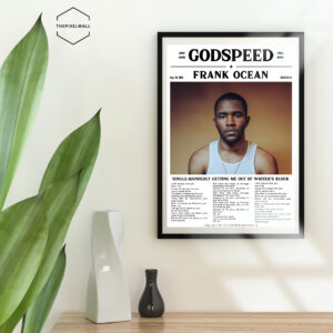 Frank Ocean centered on a newspaper-like background with text overlays. The text includes song lyrics and details like FrankOcean GodSpeed.