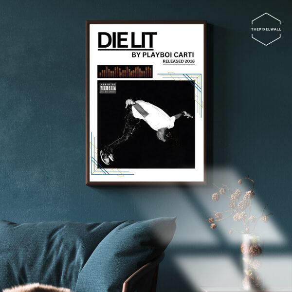 Playboi Carti's album cover for "Die Lit". Black and white photo of Carti in a dynamic pose, with album title and release year at the top. Parental Advisory label present.