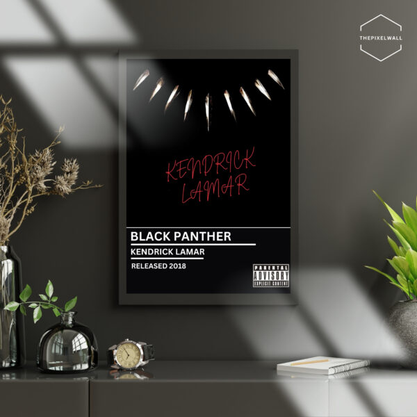 Black Panther soundtrack by Kendrick Lamar. Red text on black background, featuring a necklace design. Parental advisory. Released 2018.