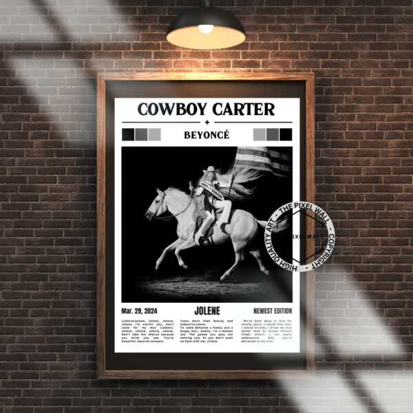 Introducing my latest masterpiece: a stunning piece of art featuring the iconic Beyoncé from her groundbreaking album, Cowboy Carter. This one-of-a-kind creation captures the essence of the album themes and Beyoncé powerful presence.