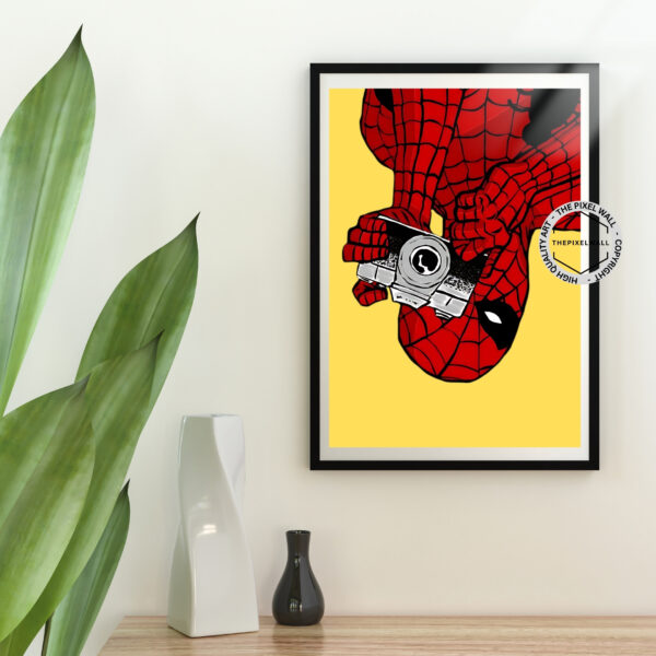 Capture the moment with this unique piece of art featuring Spider Man as a photographer! Perfect for any fan who appreciates the intersection of art and superheroics.